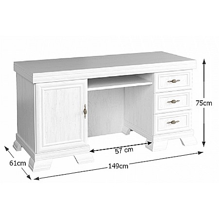Birou VMB, clasic, 3 sertare, usa, polita tastatura, Pal Melaminat, insertii MDF, Alb Antichizat [3]