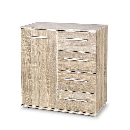 Comode dormitor Drimus - Comoda dormitor HM Lima KM2, Pal Melaminat, cu o usa, 4 sertare, cant ABS, stejar sonoma