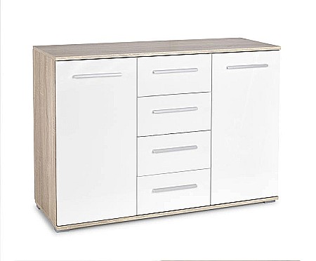 Comoda dormitor HM Lima KM4, Pal Melaminat, 2 usi, 4 sertare, cant ABS, stejar/alb [1]