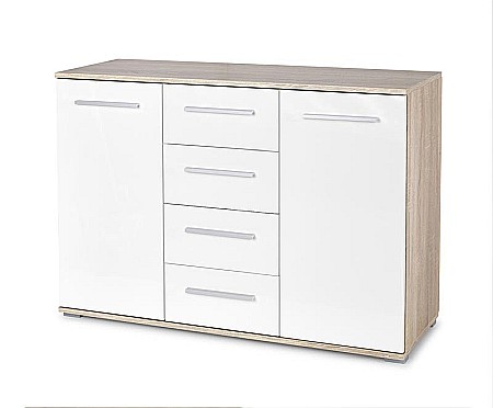 Comoda dormitor HM Lima KM4, Pal Melaminat, 2 usi, 4 sertare, cant ABS, stejar/alb [2]