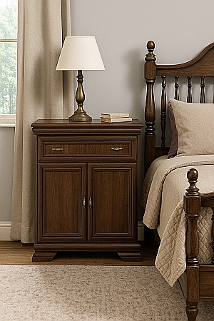 Comode dormitor Drimus - Comoda dormitor si living, VM1, Pal Melaminat, cu 2 usi, un sertar, cu elemente din MDF, Nuc