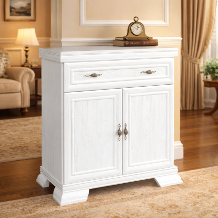 Comoda dormitor si living, VM1, Pal Melaminat, cu 2 usi, un sertar, cu elemente din MDF, Alb Antichizat