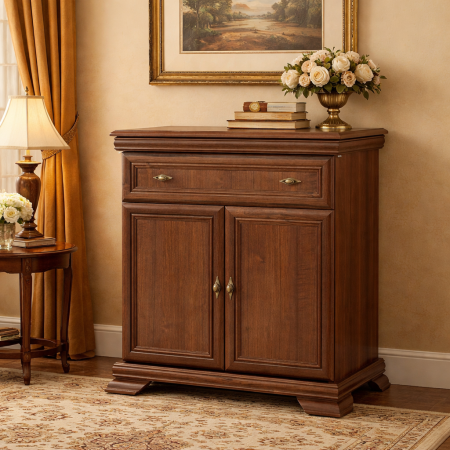 Comoda dormitor si living, VM1, Pal Melaminat, cu 2 usi, un sertar, cu elemente din MDF, Nuc