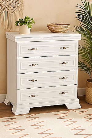 Comode dormitor Drimus - Comoda dormitor VM2, Pal Melaminat, cu 4 sertare, cu elemente din MDF, Alb Antichizat