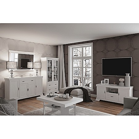 Comoda living cu vitrina VM7, o usa rabatabila pentru bar, 2 usi fixe, 3 sertare, Pal melaminat, cu insertii MDF, Alb Antichizat [5]
