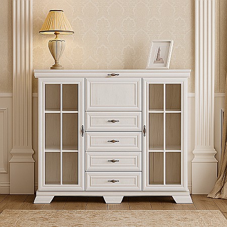 Comode dormitor Drimus - Comoda living cu vitrina VM7, o usa rabatabila pentru bar, 2 usi fixe, 3 sertare, Pal melaminat, cu insertii MDF, Alb Antichizat