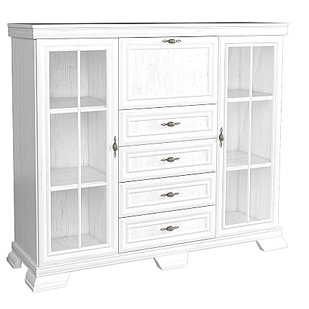 Comoda living cu vitrina VM7, o usa rabatabila pentru bar, 2 usi fixe, 3 sertare, Pal melaminat, cu insertii MDF, Alb Antichizat [2]