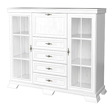 Comoda living cu vitrina VM7, o usa rabatabila pentru bar, 2 usi fixe, 3 sertare, Pal melaminat, cu insertii MDF, Alb Antichizat [1]