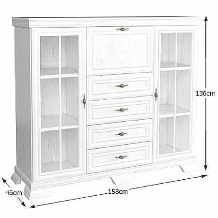 Comoda living cu vitrina VM7, o usa rabatabila pentru bar, 2 usi fixe, 3 sertare, Pal melaminat, cu insertii MDF, Alb Antichizat [3]