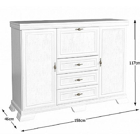 Comoda living VM6P, o usa rabatabila pentru bar, 2 usi fixe, 3 sertare, Pal melaminat, cu insertii MDF, Alb Antichizat [2]