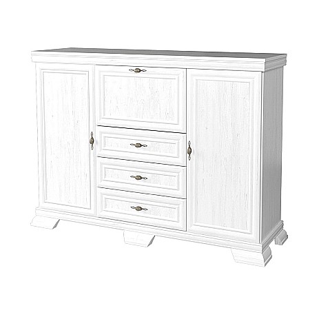 Comoda living VM6P, o usa rabatabila pentru bar, 2 usi fixe, 3 sertare, Pal melaminat, cu insertii MDF, Alb Antichizat [1]