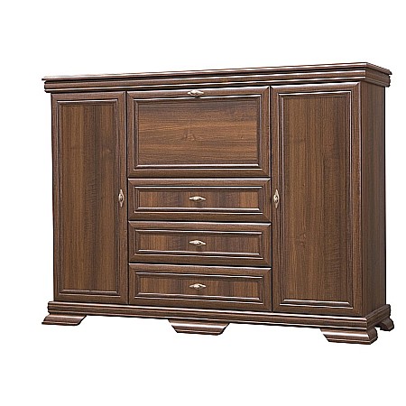 Comoda living VM6P, o usa rabatabila pentru bar, 2 usi fixe, 3 sertare, Pal melaminat, cu insertii MDF, Nuc [1]