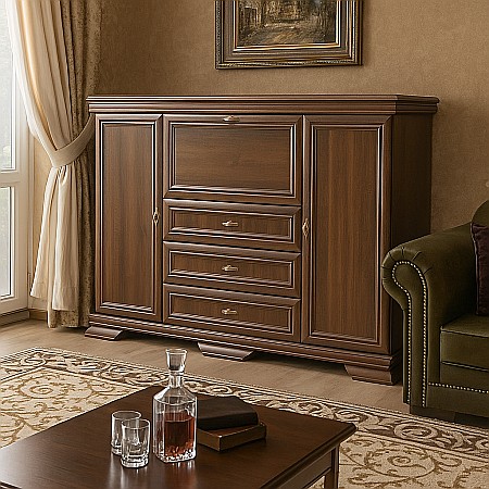 Comoda living VM6P, o usa rabatabila pentru bar, 2 usi fixe, 3 sertare, Pal melaminat, cu insertii MDF, Nuc