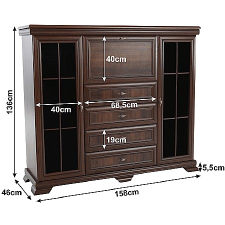 Comoda living cu vitrina VM7, o usa rabatabila pentru bar, 2 usi fixe, 3 sertare, Pal melaminat, cu insertii MDF, Nuc [3]