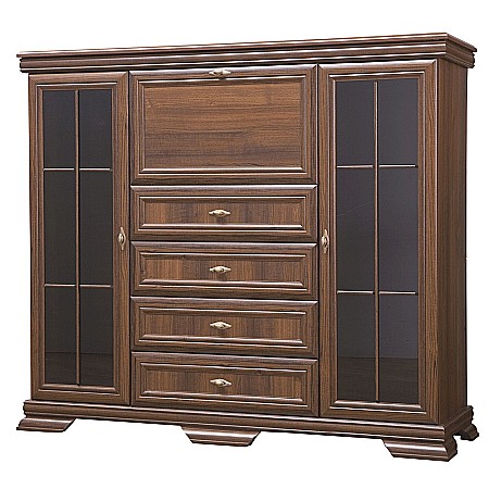 Comoda living cu vitrina VM7, o usa rabatabila pentru bar, 2 usi fixe, 3 sertare, Pal melaminat, cu insertii MDF, Nuc [2]