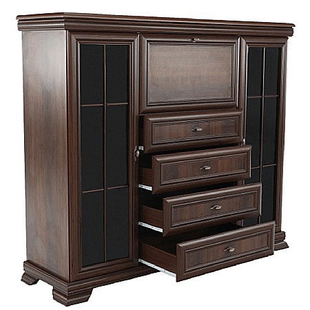 Comoda living cu vitrina VM7, o usa rabatabila pentru bar, 2 usi fixe, 3 sertare, Pal melaminat, cu insertii MDF, Nuc [5]