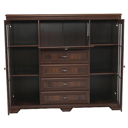 Comoda living cu vitrina VM7, o usa rabatabila pentru bar, 2 usi fixe, 3 sertare, Pal melaminat, cu insertii MDF, Nuc [8]