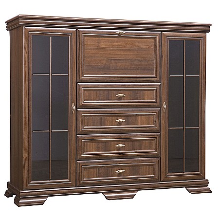 Comoda living cu vitrina VM7, o usa rabatabila pentru bar, 2 usi fixe, 3 sertare, Pal melaminat, cu insertii MDF, Nuc [1]
