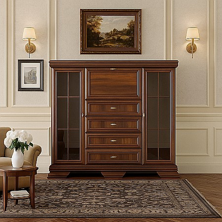 Comode dormitor Drimus - Comoda living cu vitrina VM7, o usa rabatabila pentru bar, 2 usi fixe, 3 sertare, Pal melaminat, cu insertii MDF, Nuc