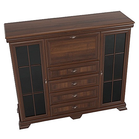 Comoda living cu vitrina VM7, o usa rabatabila pentru bar, 2 usi fixe, 3 sertare, Pal melaminat, cu insertii MDF, Nuc [6]