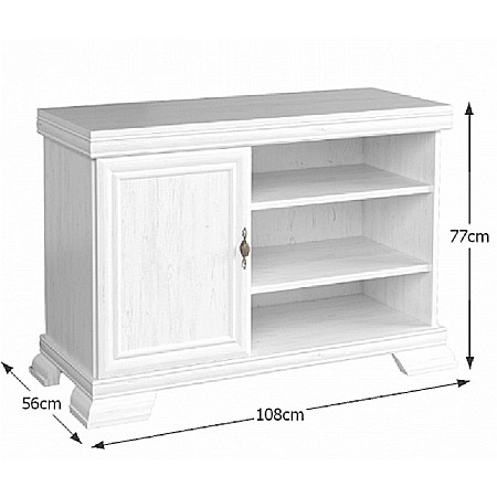Comoda living VMT, Pal Melaminat, cu o usa, 3 polite, cu elemente din MDF, Alb Antichizat [7]