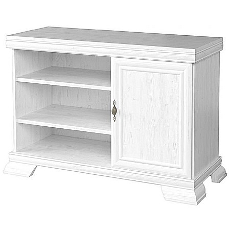 Comoda living VMT, Pal Melaminat, cu o usa, 3 polite, cu elemente din MDF, Alb Antichizat [2]