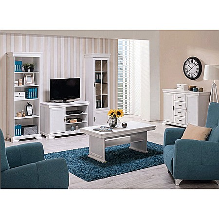 Comoda living VMT, Pal Melaminat, cu o usa, 3 polite, cu elemente din MDF, Alb Antichizat [5]