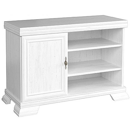Comoda living VMT, Pal Melaminat, cu o usa, 3 polite, cu elemente din MDF, Alb Antichizat [1]