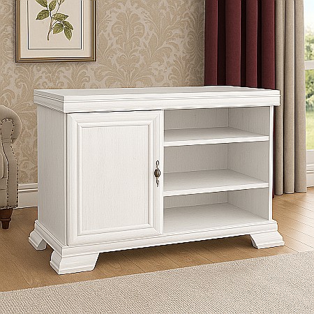 Comode dormitor Drimus - Comoda living VMT, Pal Melaminat, cu o usa, 3 polite, cu elemente din MDF, Alb Antichizat