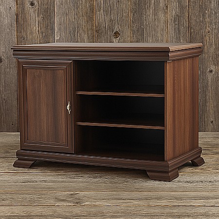 Comode dormitor Drimus - Comoda living VMT, Pal Melaminat, cu o usa, 3 polite, cu elemente din MDF, Nuc