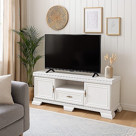 Comoda living VMT2, Pal Melaminat, cu 2 usi, sertar, cu elemente din MDF, Alb Antichizat