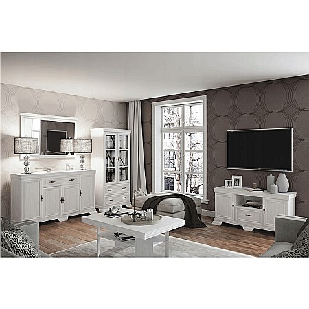 Comoda living VMT2, Pal Melaminat, cu 2 usi, sertar, cu elemente din MDF, Alb Antichizat [6]
