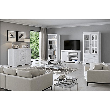 Comoda living VMT2, Pal Melaminat, cu 2 usi, sertar, cu elemente din MDF, Alb Antichizat [5]