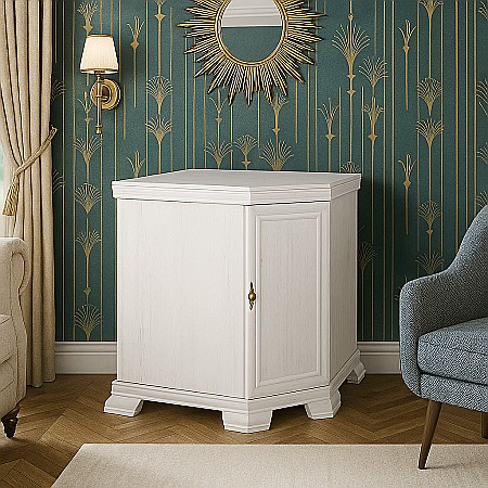 Comode dormitor Drimus - Comoda pe colt pentru living VMN1, Pal Melaminat, cu o usa, o polita, cu elemente din MDF, Alb Antichizat