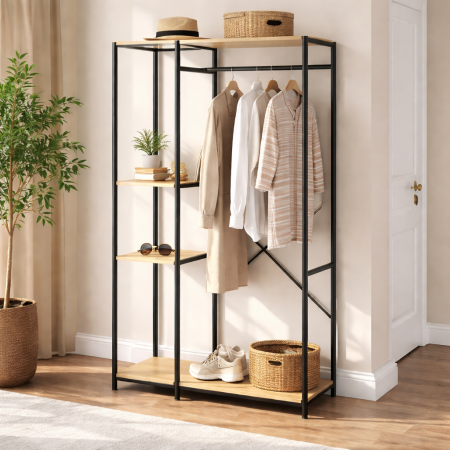 Produse in stoc - Cuier haine hol cu bara de haine si rafturi, cadru metalic, MDF, stejar