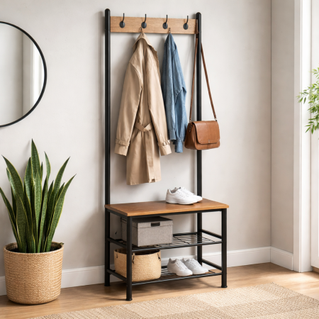 Produse in stoc - Cuier haine hol cu suport pantofi cadru metalic, PAL, 60x40x175 cm, negru