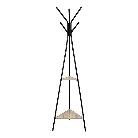Produse - Cuier metalic tip pom KL Coly, 6 agatatori, de podea, cu spatiu depozitare, negru/natur