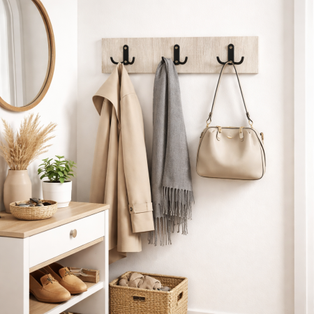 Produse in stoc - Cuier perete compact cu 3 agatatori 44x11 cm, stejar alb