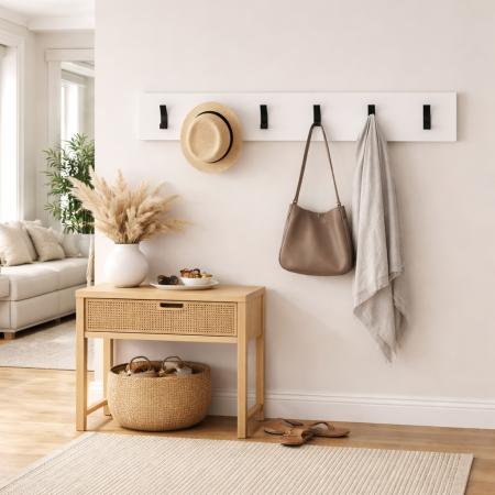 Mobilier hol - Cuier perete compact cu 6 agatatori HM Clif W100, 100x15 cm, alb