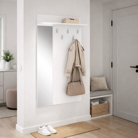 Produse in stoc - Cuier perete cu oglinda HM Lima PR-1, Pal Melaminat, 5 agatatori, alb