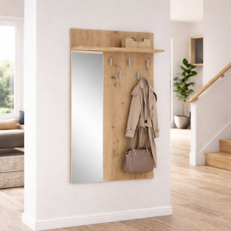 Produse in stoc - Cuier perete cu oglinda HM Lima PR-1, Pal Melaminat, 5 agatatori, stejar artizanal