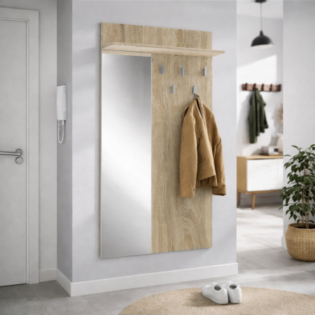 Produse in stoc - Cuier perete cu oglinda HM Lima PR-1, Pal Melaminat, 5 agatatori, stejar sonoma