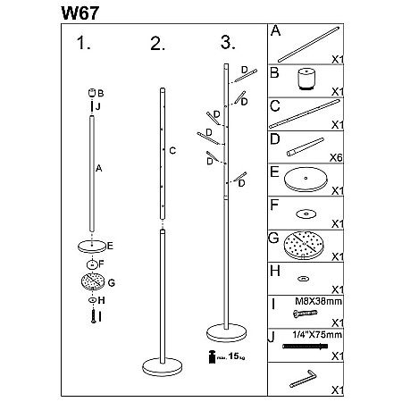 Cuier tip pom HM W67, baza metalica, 6 agatatori, de podea, negru [3]