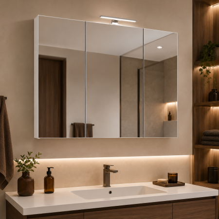 Mobilier baie - Dulap baie cu oglinda Celine, PAL, iluminare led, 120 cm, 3 usi, 3 rafturi, soft close, alb