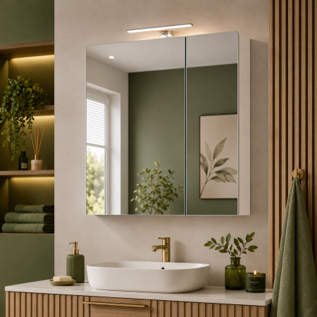 Produse - Dulap baie cu oglinda Celine, PAL, iluminare led, 60 cm, 2 usi, 3 rafturi, soft close, alb