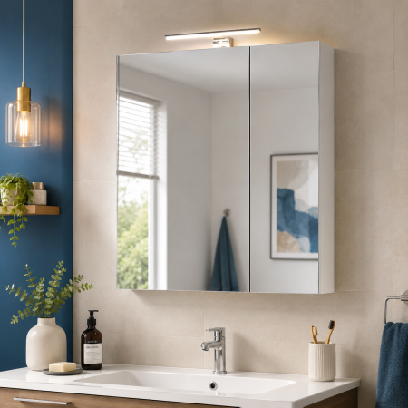 Dulap baie cu oglinda Celine, PAL, iluminare led, 70 cm, 2 usi, 3 rafturi, soft close, alb