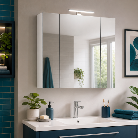 Produse - Dulap baie cu oglinda Celine, PAL, iluminare led, 80 cm, 3 usi, 3 rafturi, soft close, alb