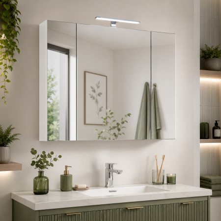 Produse - Dulap baie cu oglinda Celine, PAL, iluminare led, 90 cm, 3 usi, 3 rafturi, soft close, alb