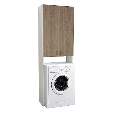Dulap baie tip coloana pentru masina de spalat, inalt, Pal Melaminat, 2 usi, 3 rafturi, 64x30x195 cm, alb/sonoma [2]