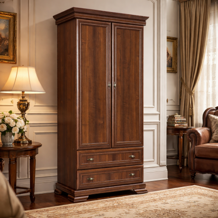 Dulap living si dormitor VMS1, 2 usi, 2 sertare, cu bara de haine, Pal Melaminat, cu elemente din MDF, Nuc